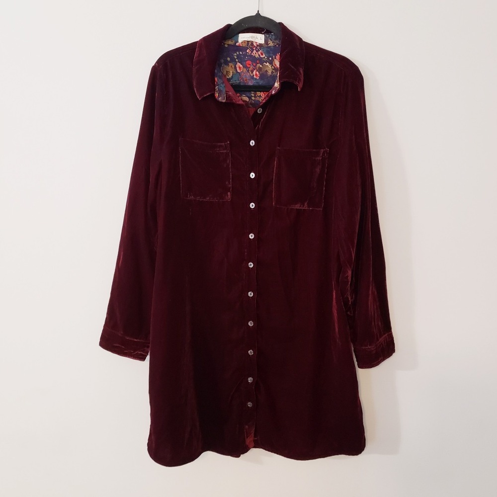 Natural Life Velvet Velour Shirt Dress Large Whimsigoth Button Up Holidays Red